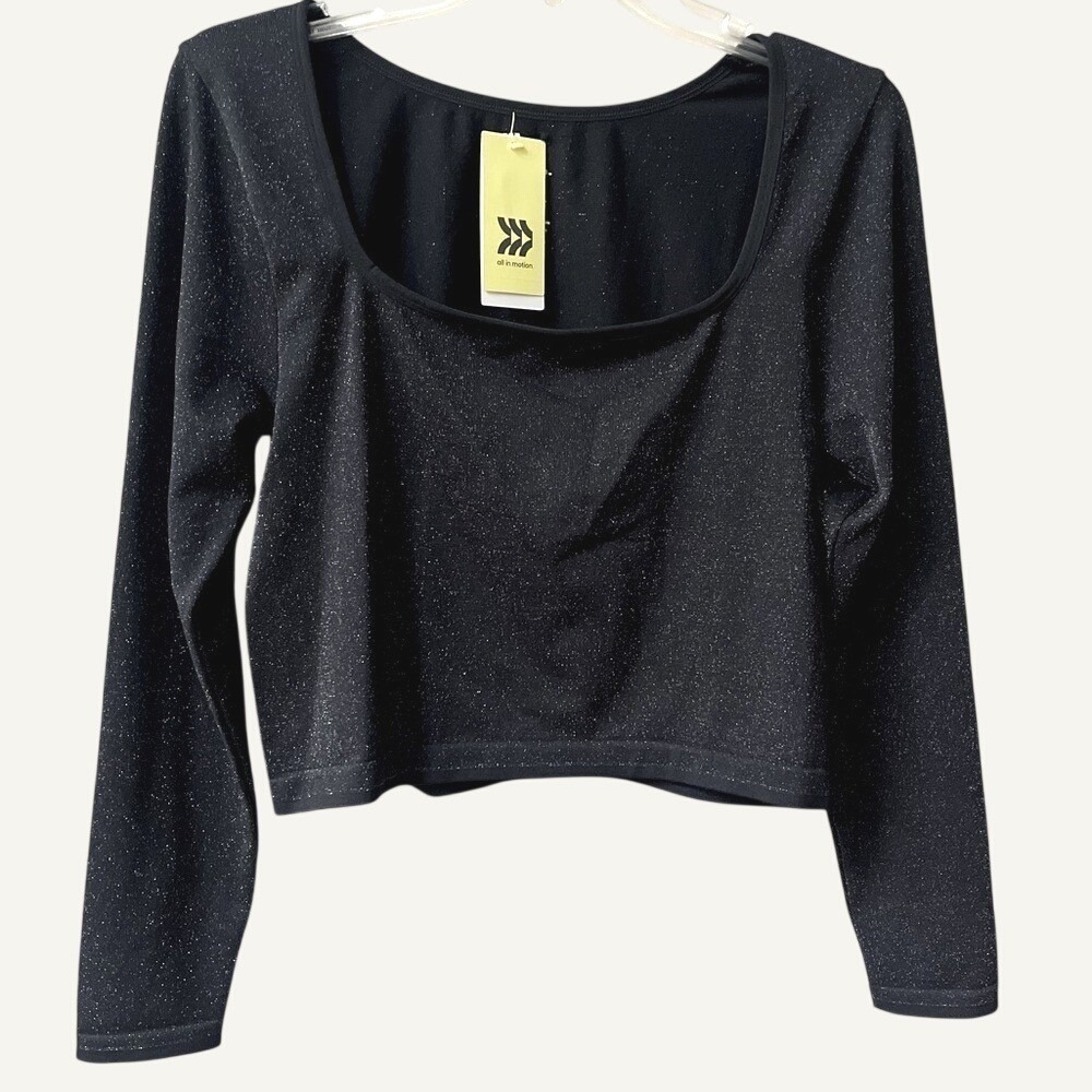 All In Motion Long Sleeve Fitted Crop Top Womens XL Black Glitter Seamless NWT